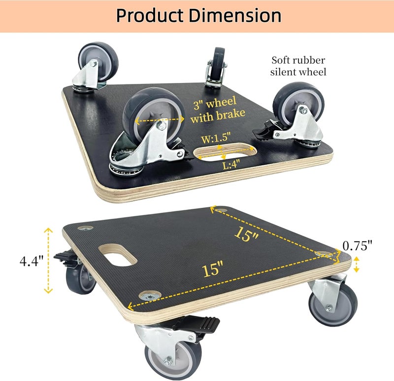 HBFBDRCT Furniture Moving Dolly Wood Platform Dolly 2 Packs, 1100 lbs Capacity Heavy Duty Wood Dollies cart with Wheels, Movers Carrier with 4 Soft Rubber Silent Wheels （2 with Brake+ 2 Without） - Image 4